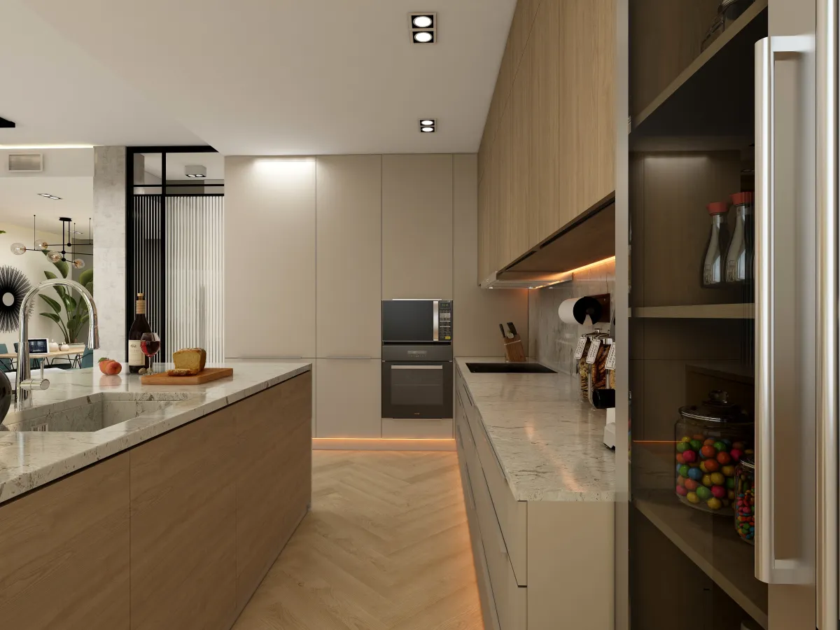 Reforma de cocina moderna con muebles de madera y encimera blanca